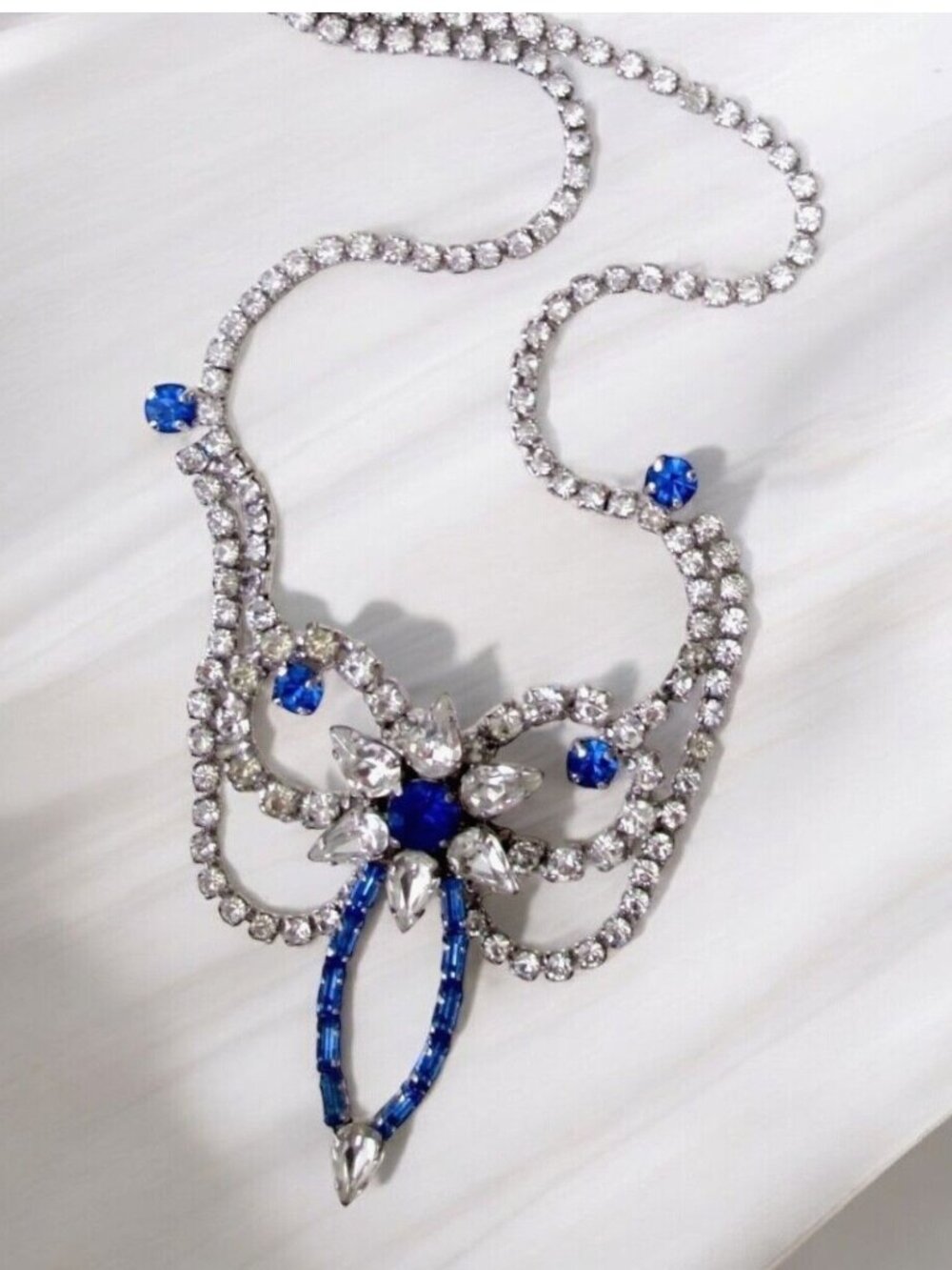 Vintage Statement Necklace by JAY FLEX Clear and Blue Rhinestones Silver Tone